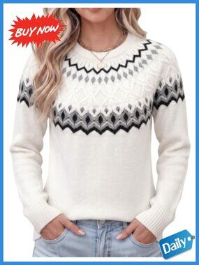 Womens Lightweight Vintage Fair Isle Sweater Raglan Sleeve Crew Neck Knitted